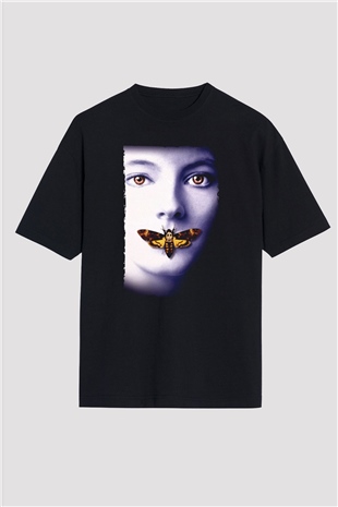 Unisex Kuzuların Sessizliği (The Silence of the Lambs) Baskılı Siyah Oversize Tişört
