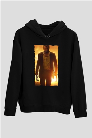 Unisex Logan Baskılı Siyah Kapüşonlu Sweatshirt