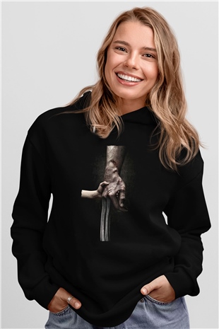 Unisex Logan Baskılı Siyah Kapüşonlu Sweatshirt