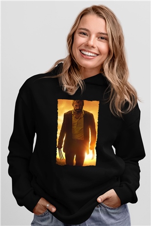 Unisex Logan Baskılı Siyah Kapüşonlu Sweatshirt