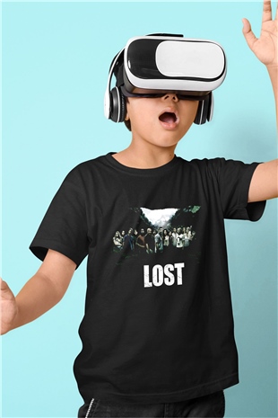 Unisex Lost Baskılı Siyah Çocuk T-Shirt