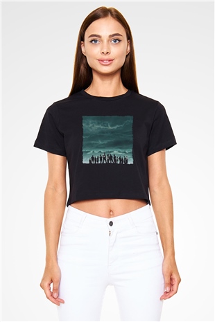 Unisex Lost Baskılı Siyah Crop Top Tişört