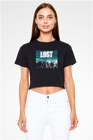 Unisex Lost Baskılı Siyah Crop Top Tshirt