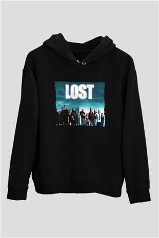 Unisex Lost Baskılı Siyah Kapüşonlu Sweatshirt