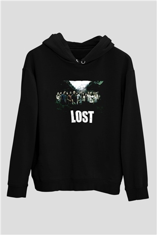 Unisex Lost Baskılı Siyah Kapüşonlu Sweatshirt