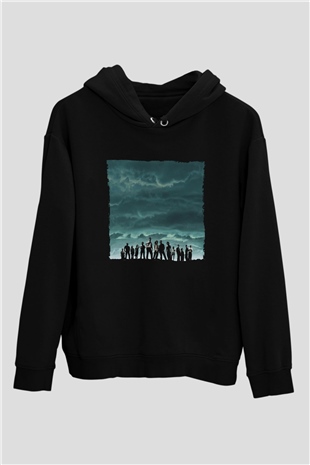 Unisex Lost Baskılı Siyah Kapüşonlu Sweatshirt
