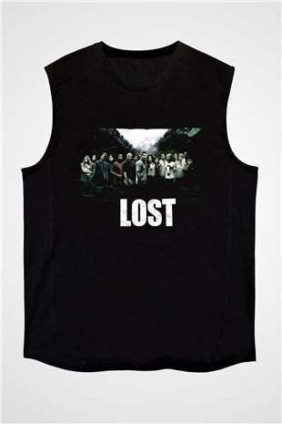 Unisex Lost Baskılı Siyah Kolsuz T-shirt