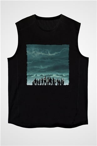Unisex Lost Baskılı Siyah Kolsuz Tişört