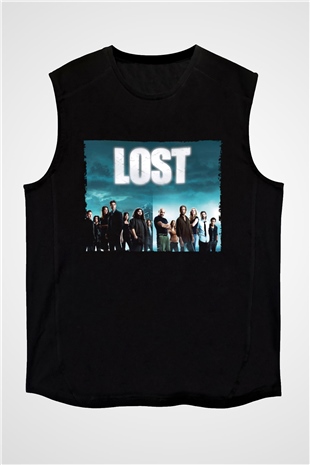 Unisex Lost Baskılı Siyah Kolsuz Tshirt
