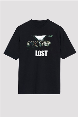 Unisex Lost Baskılı Siyah Oversize T-shirt
