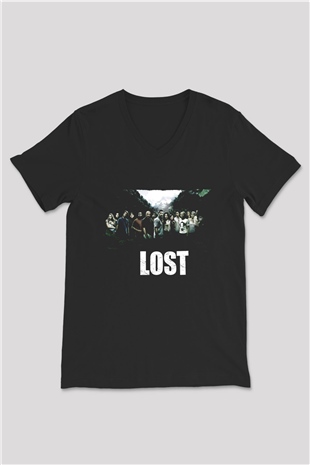 Unisex Lost Baskılı Siyah V Yaka T-shirt