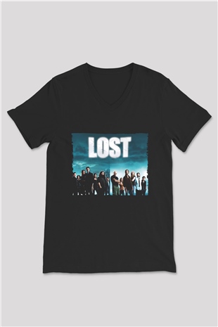 Unisex Lost Baskılı Siyah V Yaka Tshirt