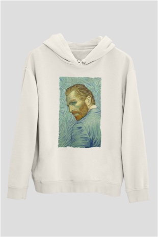 Unisex Loving Vincent Baskılı Beyaz Kapüşonlu Sweatshirt
