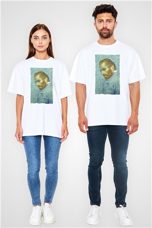 Unisex Loving Vincent Baskılı Beyaz Oversize Tişört