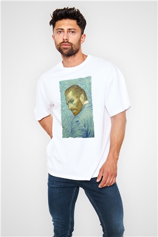 Unisex Loving Vincent Baskılı Beyaz Oversize Tişört