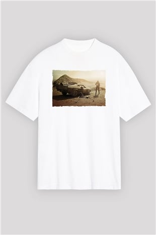 Unisex Mad Max Fury Road Baskılı Beyaz Oversize Tişört