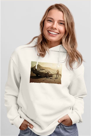 Unisex Mad Max Fury Road Baskılı Beyaz Kapüşonlu Sweatshirt