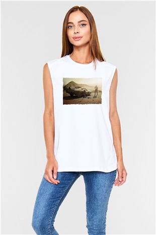 Unisex Mad Max Fury Road Baskılı Beyaz Kolsuz Tişört
