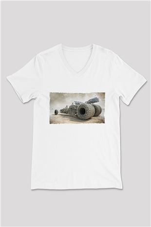 Unisex Mad Max Fury Road Baskılı Beyaz V Yaka T-shirt