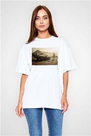 Unisex Mad Max Fury Road Baskılı Beyaz Oversize Tişört