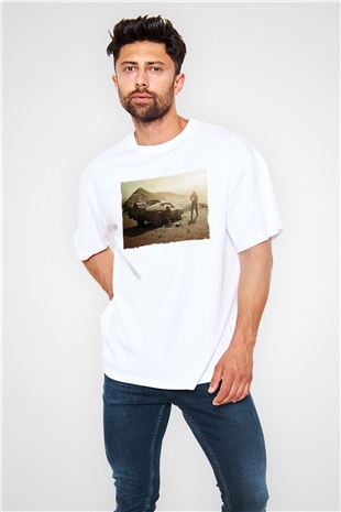 Unisex Mad Max Fury Road Baskılı Beyaz Oversize Tişört