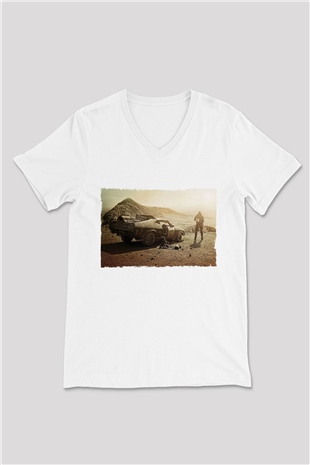 Unisex Mad Max Fury Road Baskılı Beyaz V Yaka Tişört