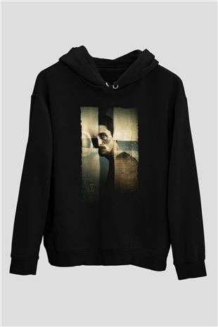 Unisex Makinist (The Machinist) Baskılı Siyah Kapüşonlu Sweatshirt