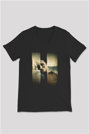 Unisex Makinist (The Machinist) Baskılı Siyah V Yaka Tshirt
