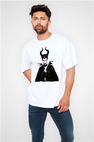 Unisex Malefiz (Maleficent) Baskılı Beyaz Oversize Oversize T-shirt