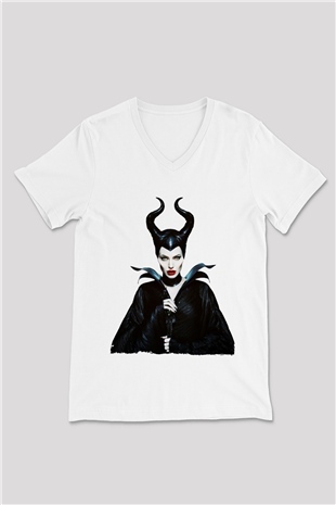 Unisex Malefiz (Maleficent) Baskılı Beyaz V Yaka Tshirt