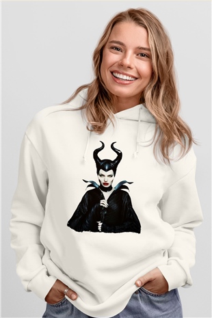 Unisex Malefiz (Maleficent) Baskılı Beyaz Kapüşonlu Sweatshirt