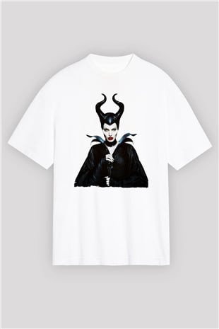 Unisex Malefiz (Maleficent) Baskılı Beyaz Oversize Oversize T-shirt