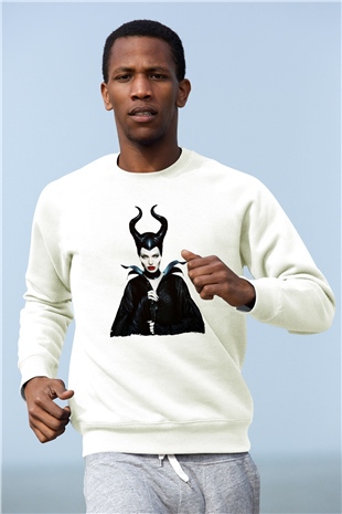 Unisex Malefiz (Maleficent) Baskılı Beyaz Sweatshirt