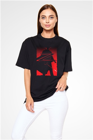 Unisex Maskeli Kahraman Zorro (The Mask of Zorro) Baskılı Siyah Oversize Tişört