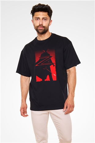 Unisex Maskeli Kahraman Zorro (The Mask of Zorro) Baskılı Siyah Oversize Tişört