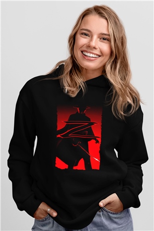 Unisex Maskeli Kahraman Zorro (The Mask of Zorro) Baskılı Siyah Kapüşonlu Sweatshirt