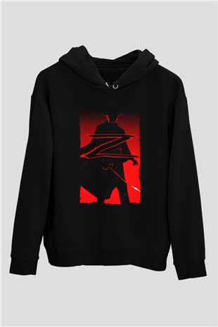 Unisex Maskeli Kahraman Zorro (The Mask of Zorro) Baskılı Siyah Kapüşonlu Sweatshirt