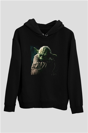 Unisex Master Yoda Baskılı Siyah Kapüşonlu Sweatshirt