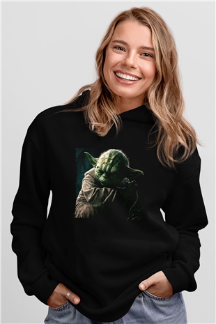 Unisex Master Yoda Baskılı Siyah Kapüşonlu Sweatshirt