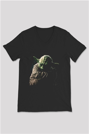 Unisex Master Yoda Baskılı Siyah V Yaka Tişört