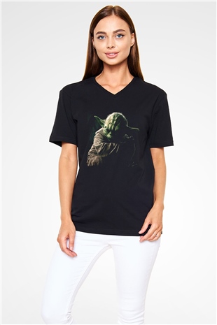 Unisex Master Yoda Baskılı Siyah V Yaka Tişört