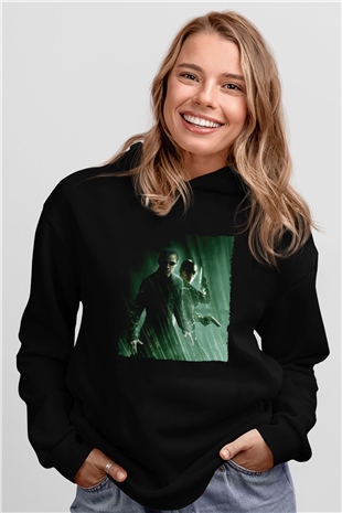 Unisex Matrix Baskılı Siyah Kapüşonlu Sweatshirt