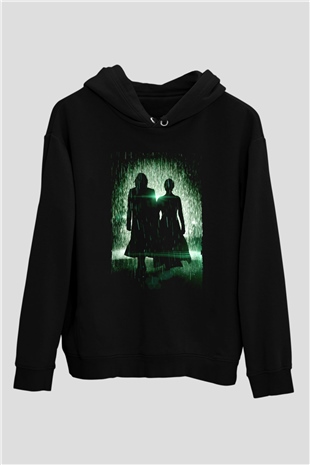 Unisex Matrix Baskılı Siyah Kapüşonlu Sweatshirt