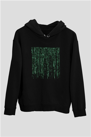 Unisex Matrix Baskılı Siyah Kapüşonlu Sweatshirt