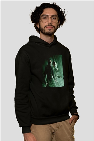 Unisex Matrix Baskılı Siyah Kapüşonlu Sweatshirt
