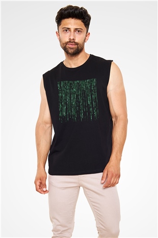 Unisex Matrix Baskılı Siyah Kolsuz T-shirt