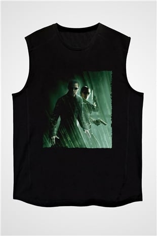 Unisex Matrix Baskılı Siyah Kolsuz Tişört