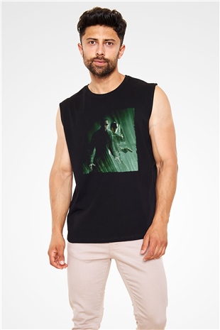 Unisex Matrix Baskılı Siyah Kolsuz Tişört