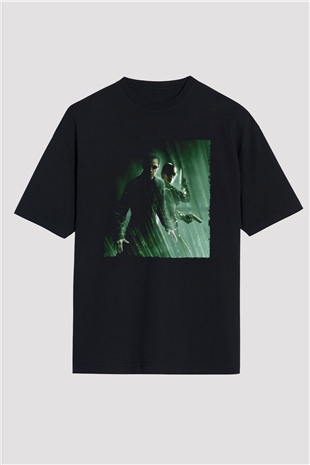 Unisex Matrix Baskılı Siyah Oversize Tişört