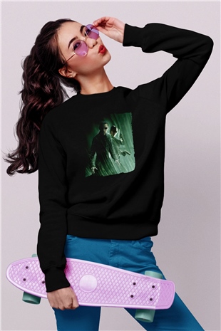 Unisex Matrix Baskılı Siyah Sweatshirt